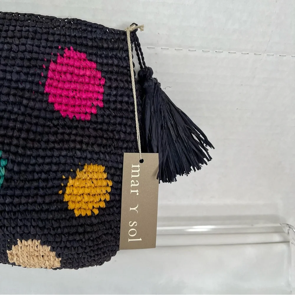 Mar y Sol Crocheted Raffia Clutch w/Polka Dots, NWT